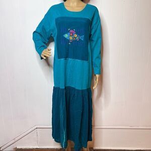 Johnny Was TShirt Maxi Dress Womens Medium Green Embroidered Fish Vintage 90s